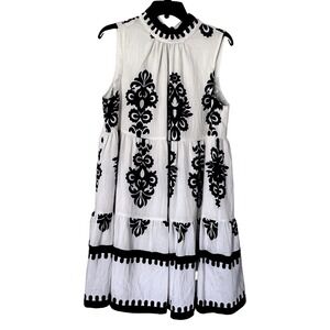 THML White Black Damask Embroidered Tiered Dress Tie Back M Wedding Bridal